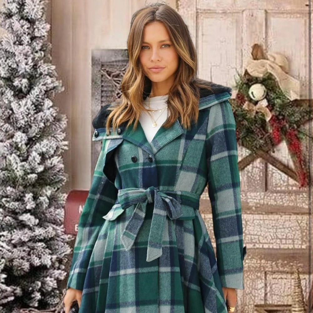 Women's Fashion Faux Fur Lapel Double-Breasted Thick Wool Trench Coat XL